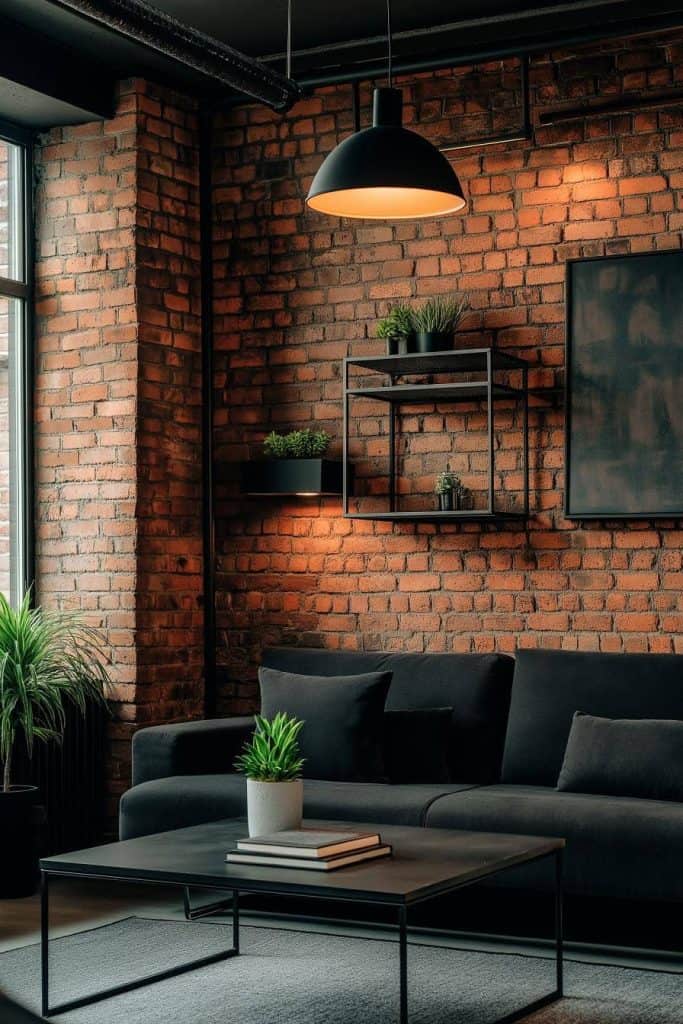 Modern living room with exposed brick wall, black sofa, coffee table with potted plant, and wall-mounted shelves. Hanging lamp illuminates the area, creating a cozy atmosphere.