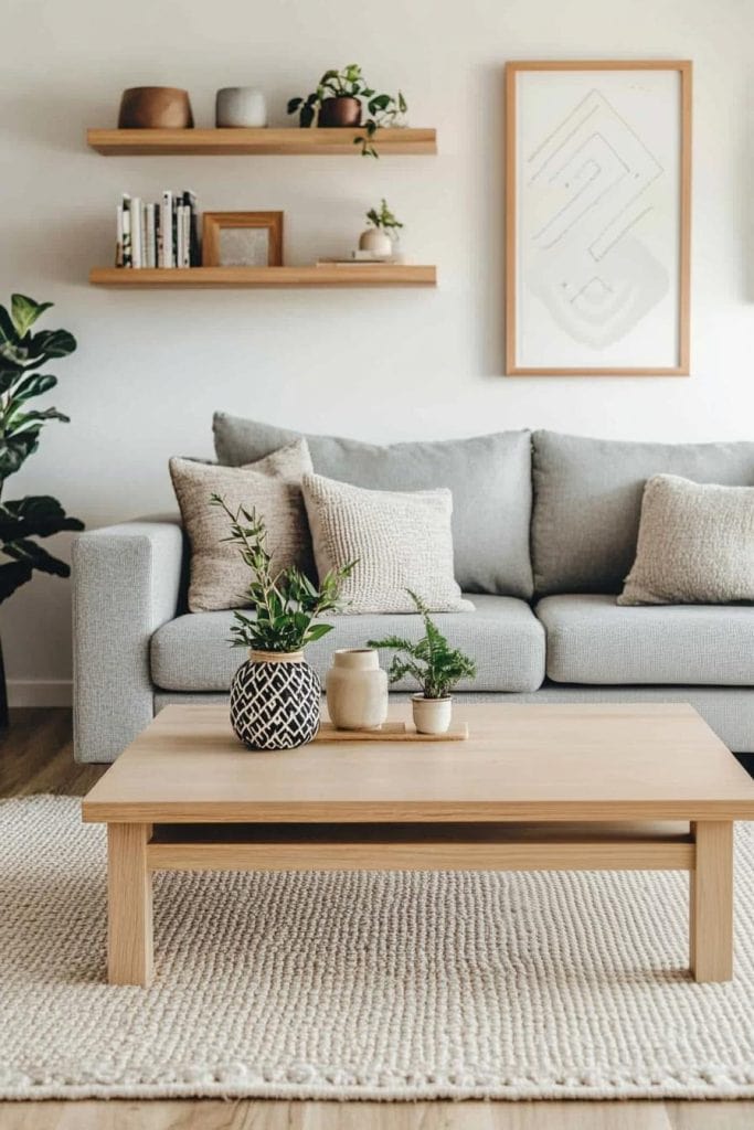 A modern living room with a gray sofa, a wooden coffee table with potted plants, a textured rug, wall shelves with books and decor, and a framed abstract art piece on the wall.