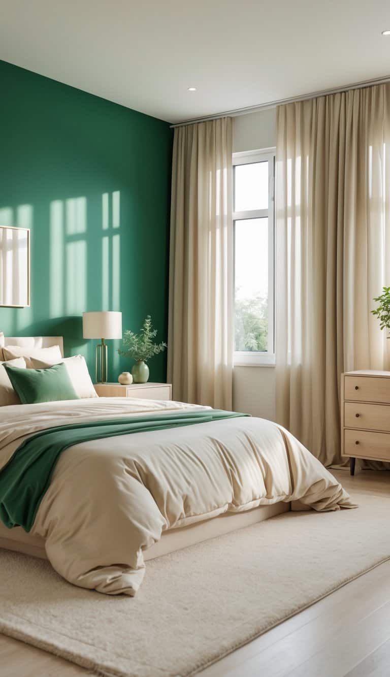A bedroom with an emerald green accent wall, beige bedding, wooden furniture, and natural light coming through windows.