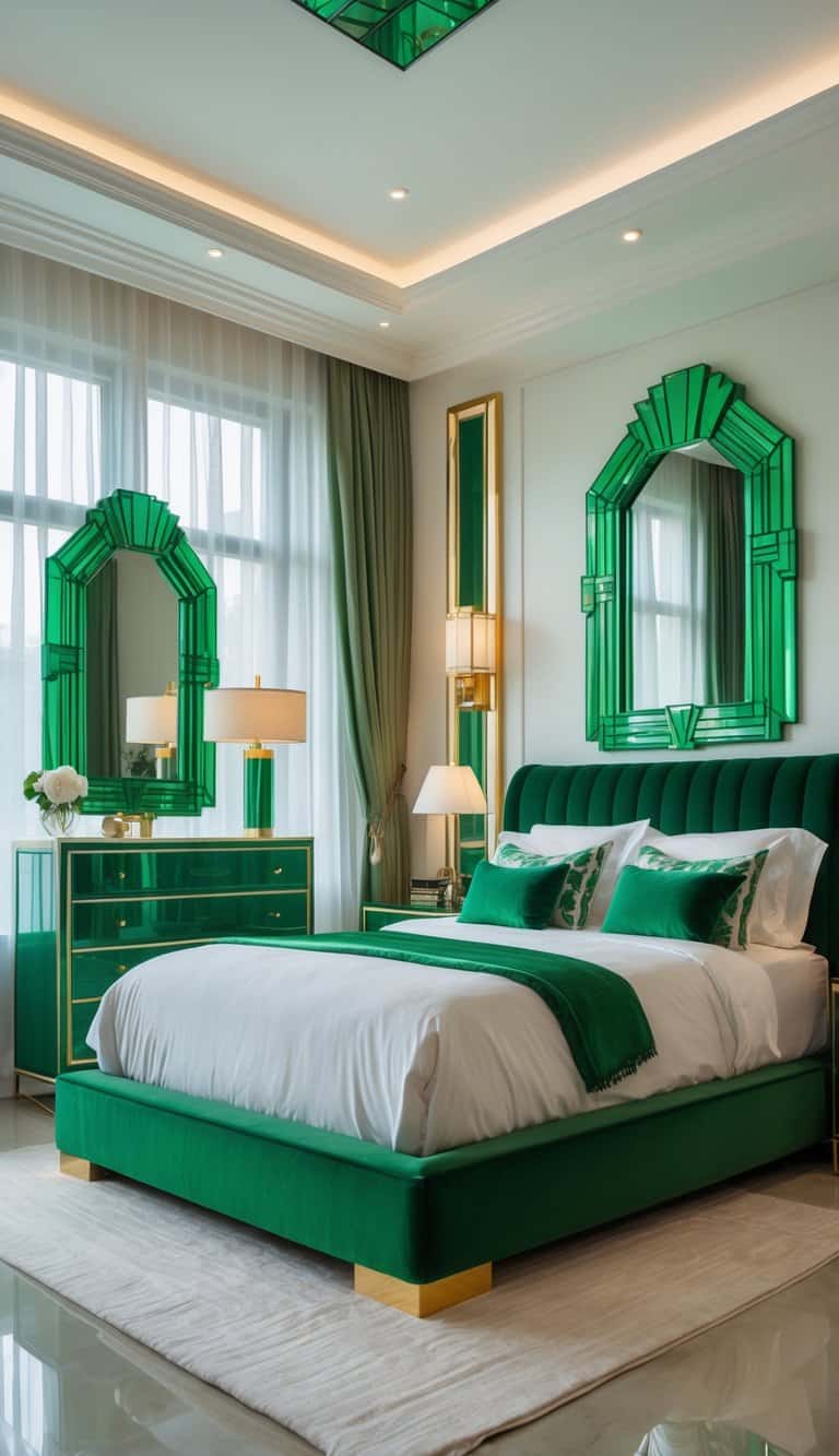A bedroom with emerald green mirrors above a dresser and on the wall, featuring a green upholstered bed with white and green bedding and gold accents.