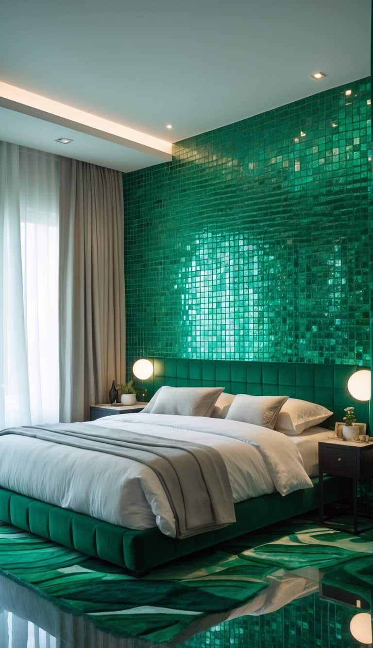 A bedroom with a feature wall made of emerald green mosaic tiles behind a neatly made bed.