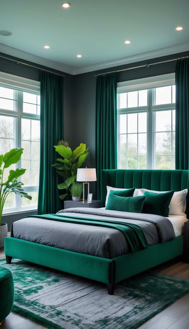 A bedroom with an emerald green bed and charcoal gray walls, featuring matching bedding, curtains, and plants.