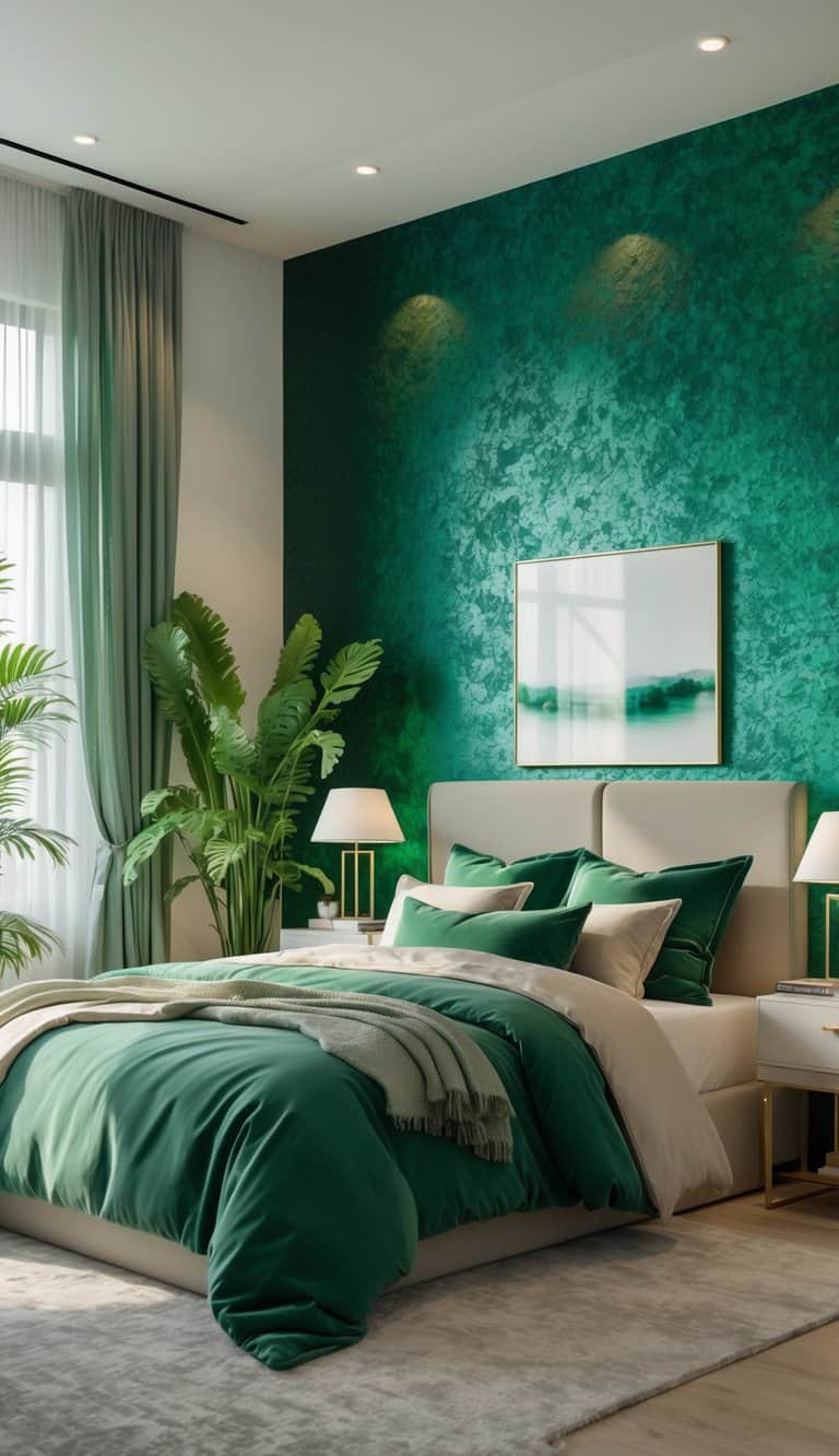 A bedroom with emerald green textured wallpaper, a bed with green and neutral bedding, bedside tables with lamps, plants, and soft natural light.