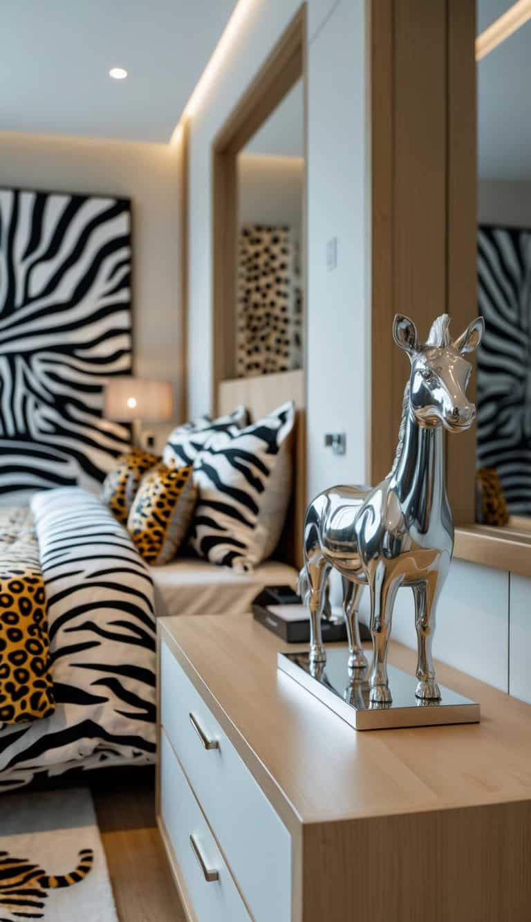 A bedroom nightstand with a metallic animal figurine and animal print decor visible in the background.
