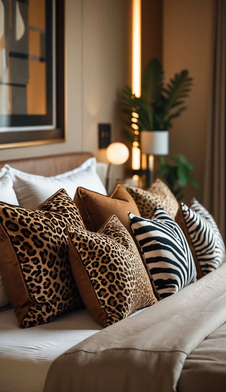A bedroom with a bed decorated with suede animal print cushions and neutral bedding, featuring a wooden nightstand and a plant.