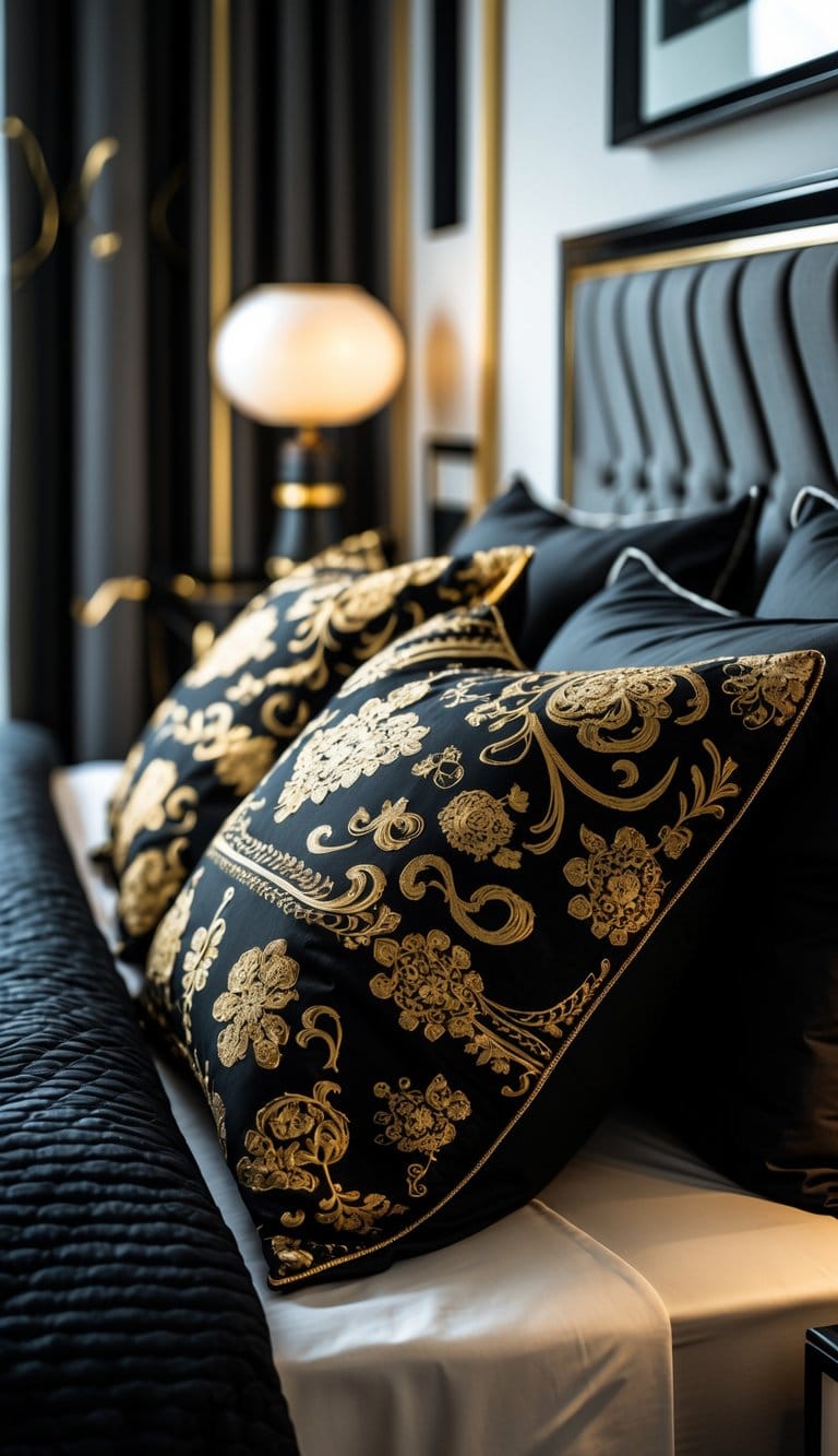 A bedroom with a bed featuring black and gold patterned pillowcases and matching bedding.