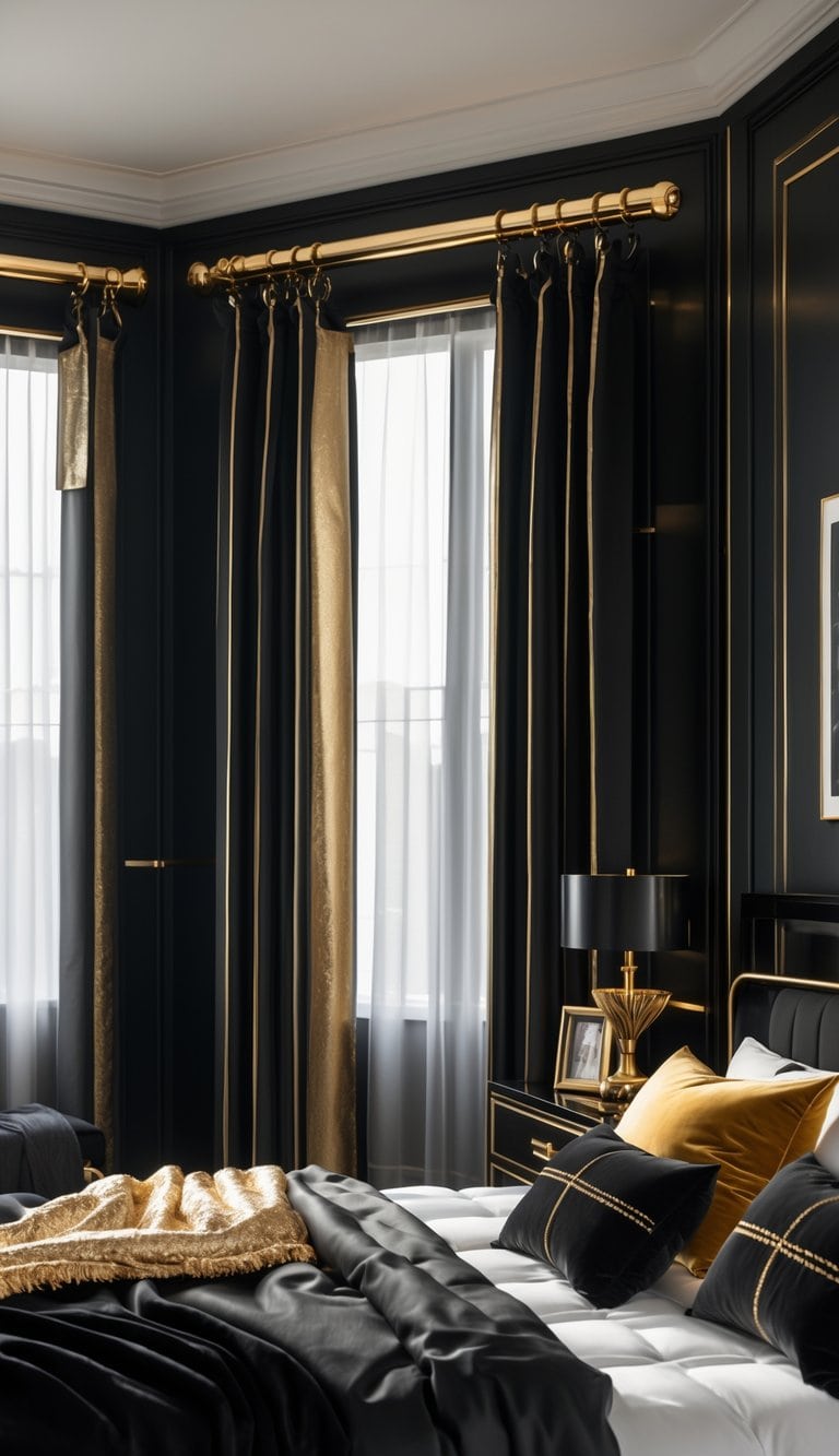 A bedroom with large windows dressed with gold metallic curtain rods and black and gold decor, including a bed with black bedding and gold accents.