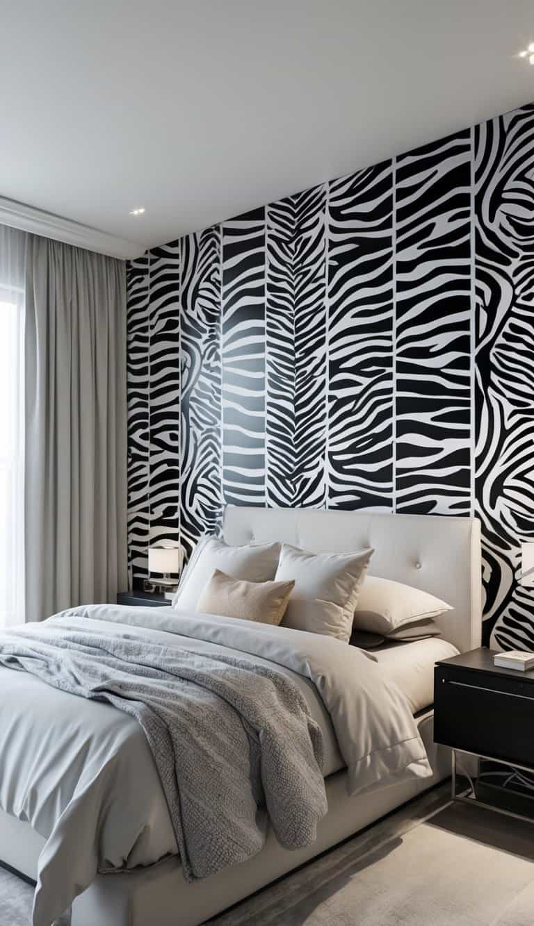 A bedroom with a black and white zebra print accent wall, a bed with neutral bedding, and a bedside table with a lamp.