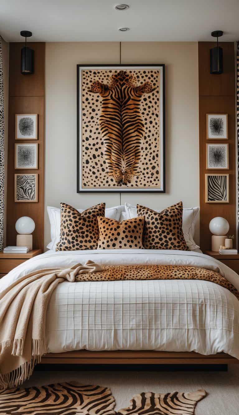 A bedroom with a framed animal print fabric art piece on the wall and matching animal print bedding and cushions.