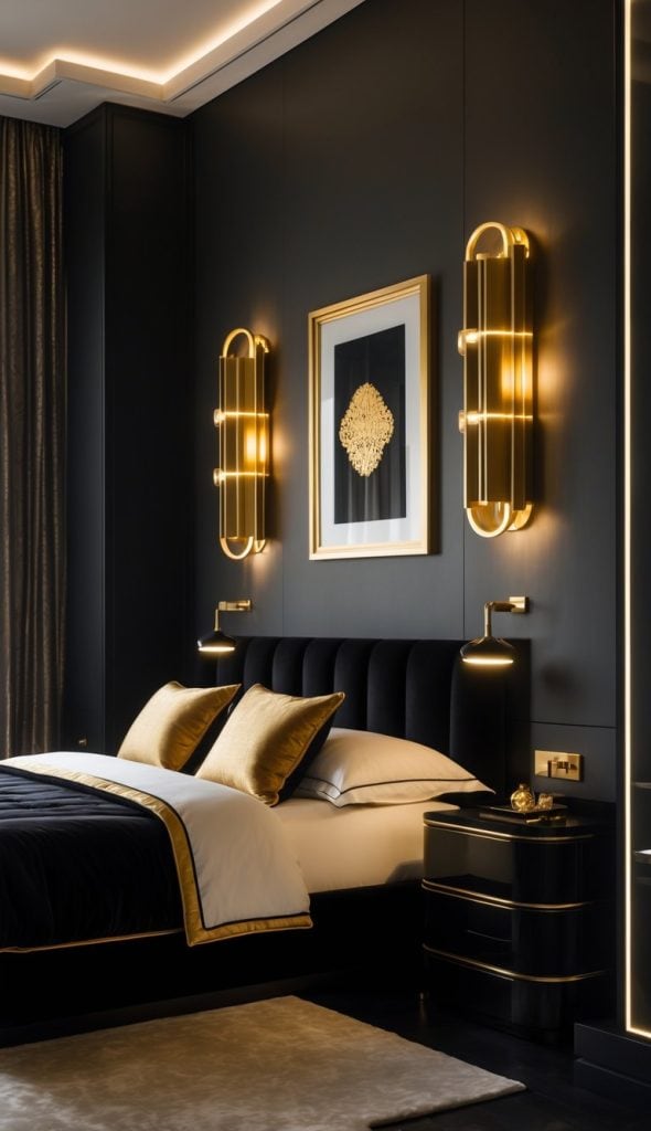 A modern bedroom with dark walls, gold accents, a black bed with gold-trimmed bedding, wall-mounted lights, and framed art above the headboard.
