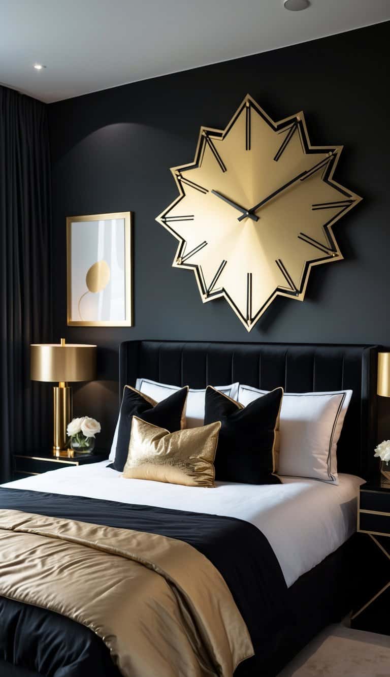 A bedroom with a large gold geometric wall clock above a bed with black and gold bedding, featuring black furniture and warm lighting.