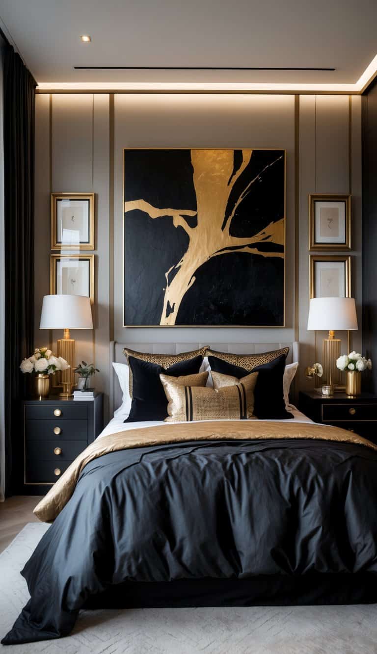 A modern bedroom with a large black and gold abstract painting above the bed, featuring black and gold bedding and elegant furniture.