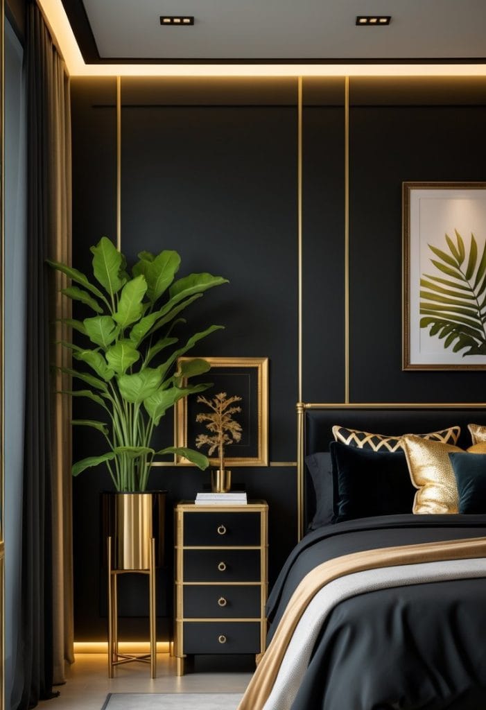 Modern bedroom with black and gold decor, featuring a bed with gold accents, a nightstand, potted plant, framed art, and indirect lighting along the walls.