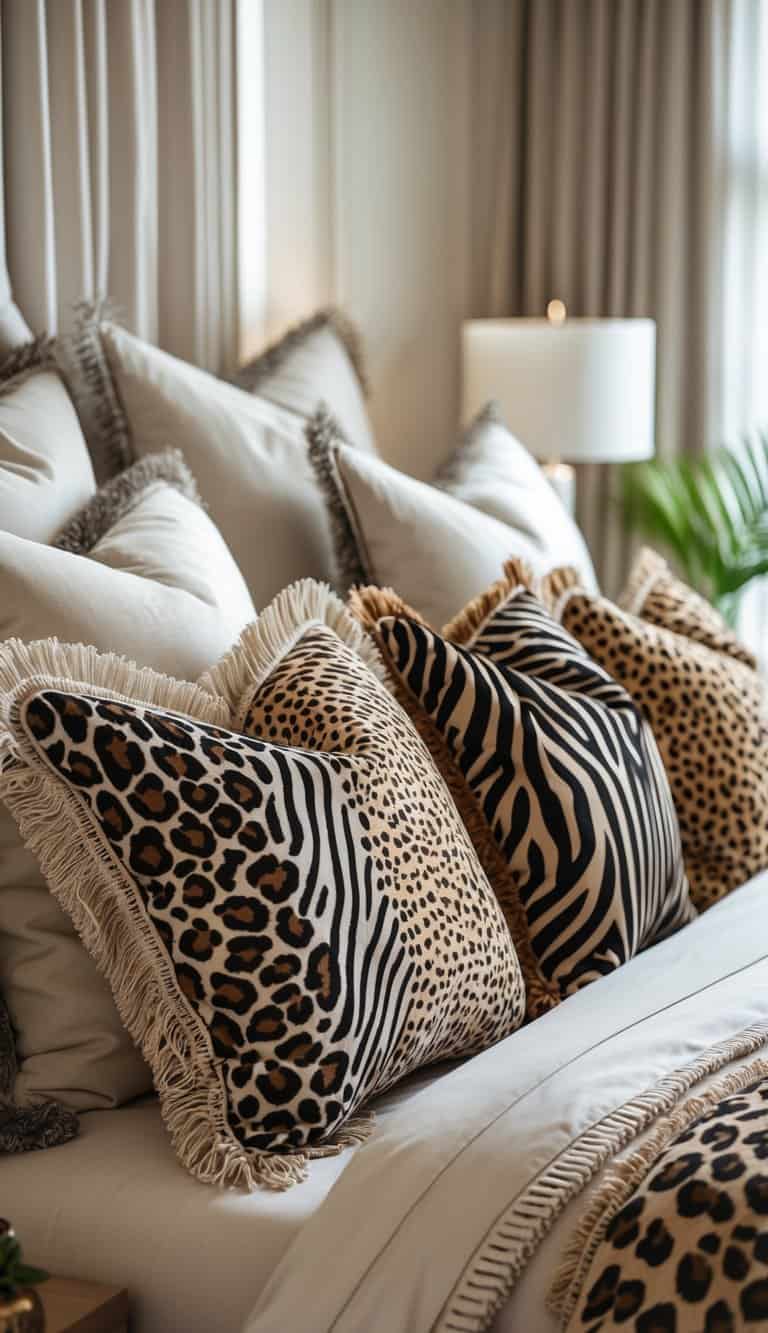 A bedroom with a bed featuring animal print accent pillows with fringe, neutral bedding, and soft natural light.