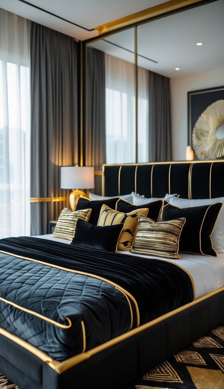 A bedroom with a bed featuring black velvet cushions with gold piping and matching black and gold decor.