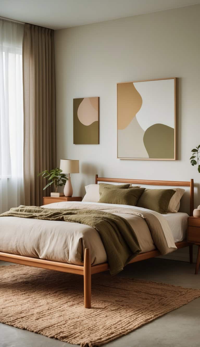 A bedroom with a wooden bed, soft bedding in neutral tones, a nightstand with a lamp and plant, and natural light coming through windows.