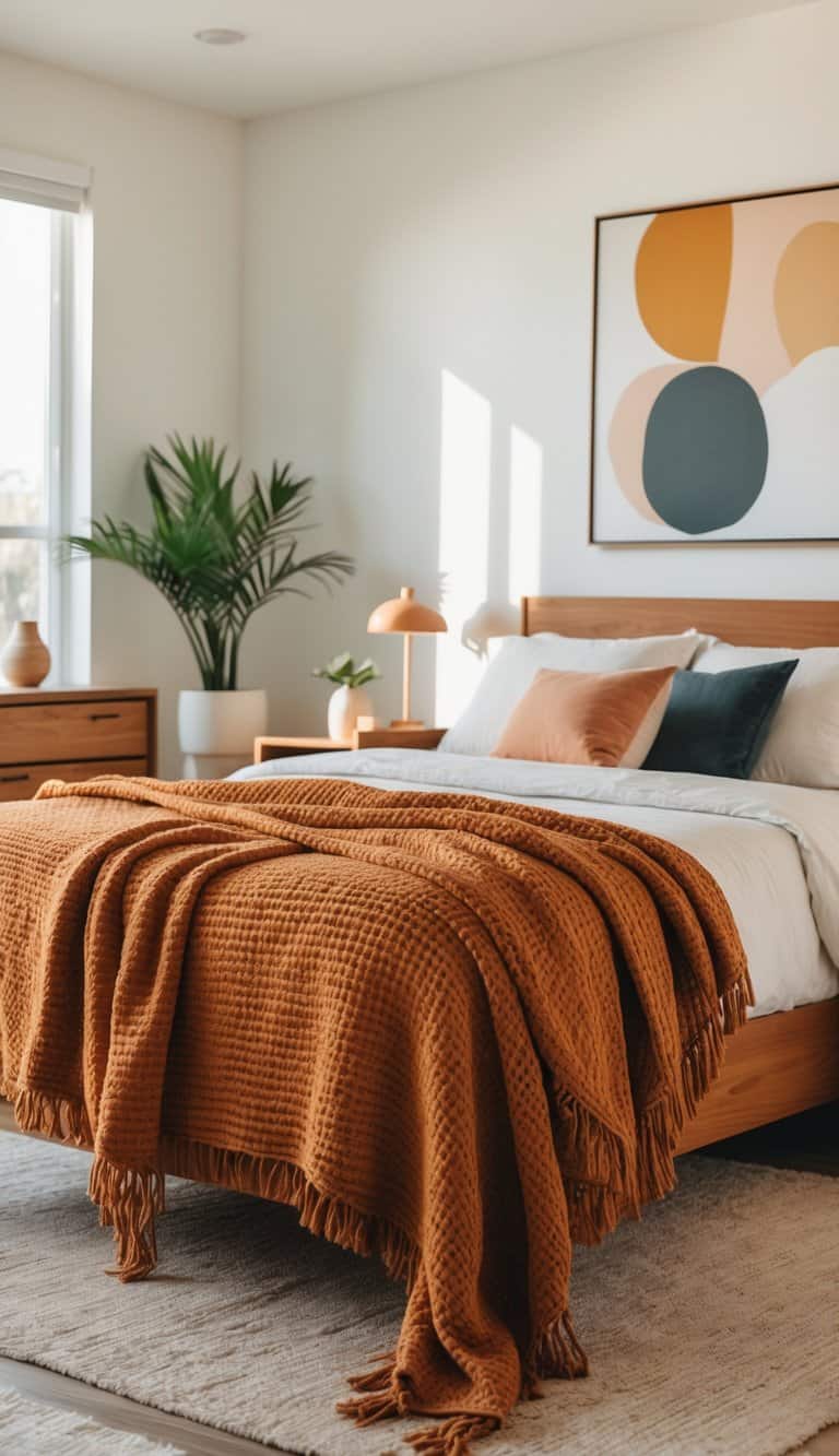 A bedroom with a bed featuring a burnt orange woven throw blanket, wooden furniture, and soft natural light.