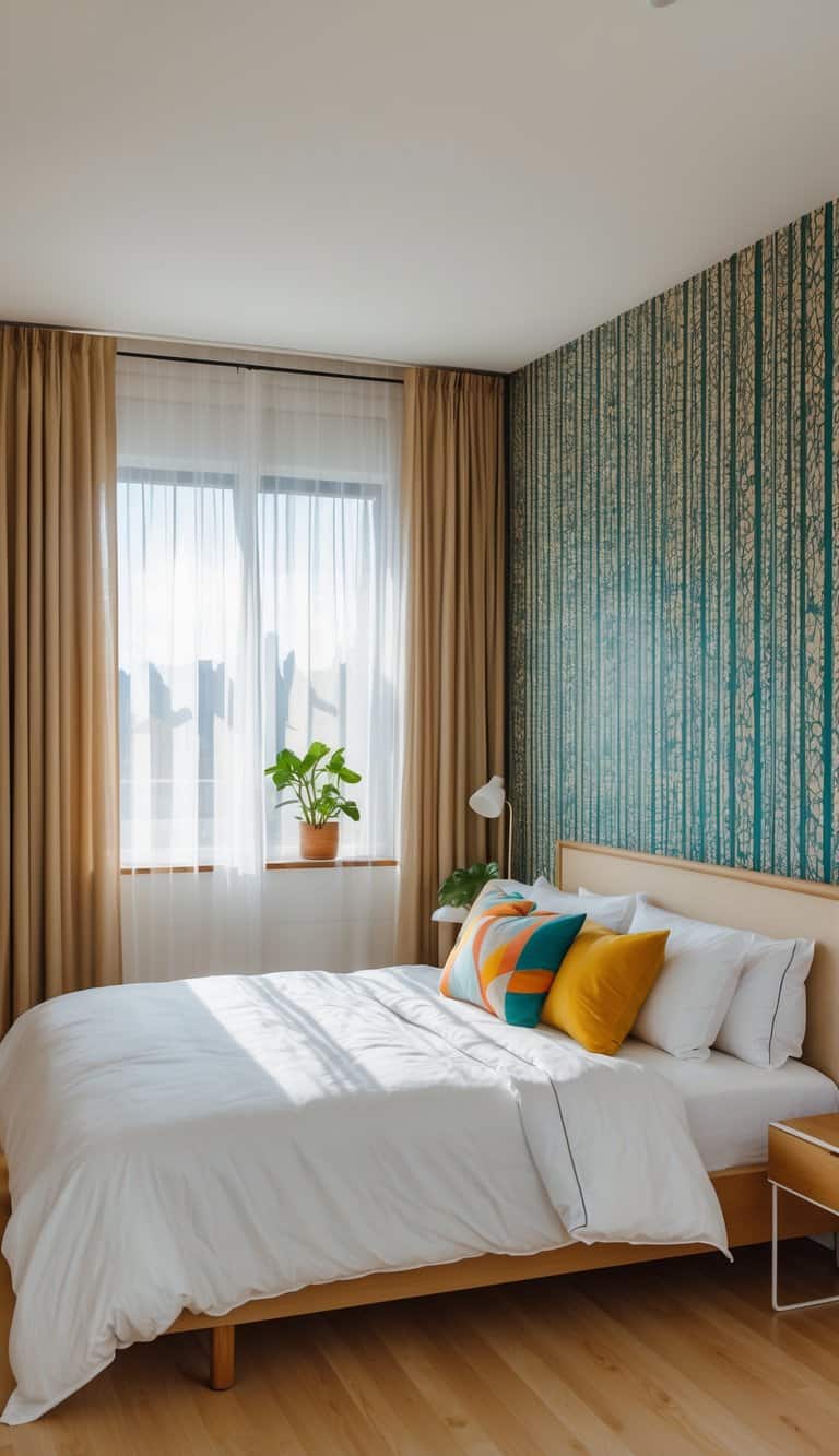 A bright bedroom with a bed, wooden floor, a window with sheer curtains, and a patterned accent wall.