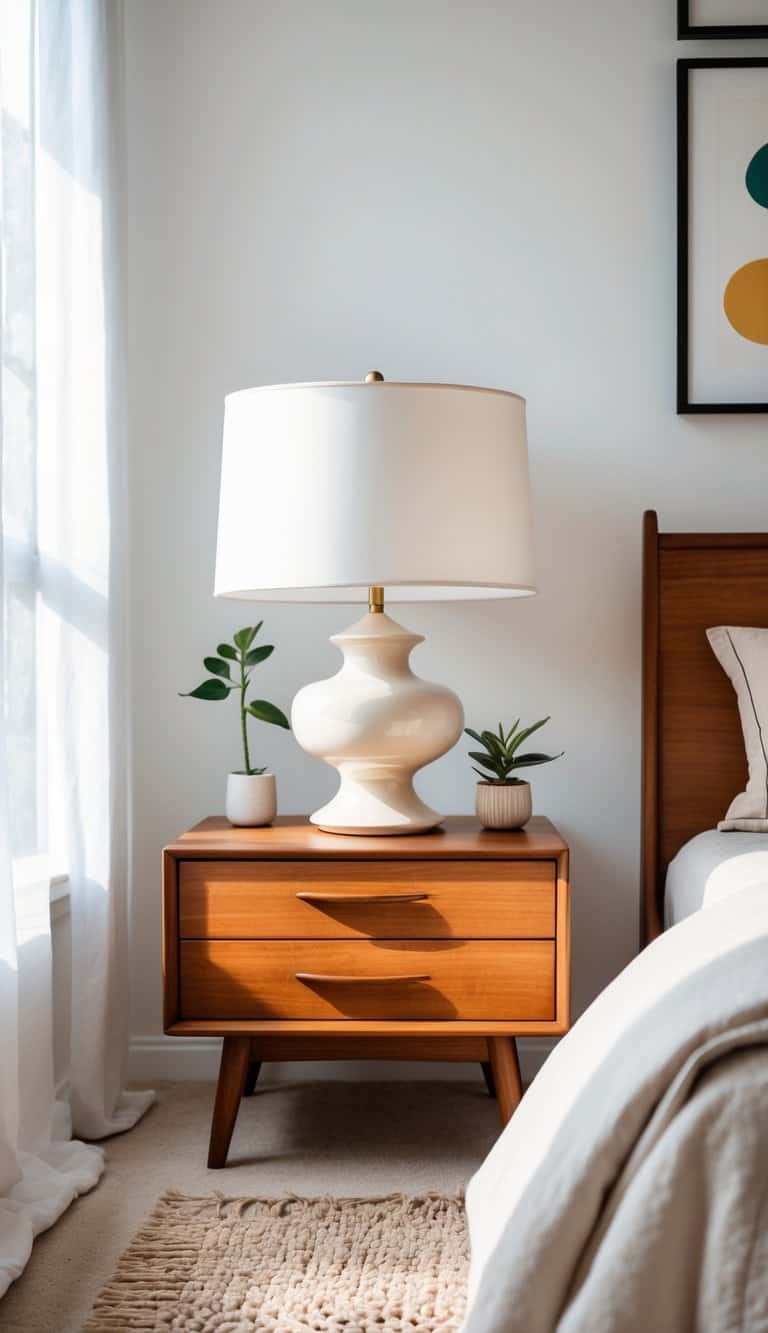 A bedroom with a bed, wooden nightstand, and a ceramic table lamp with a scalloped base on the nightstand.