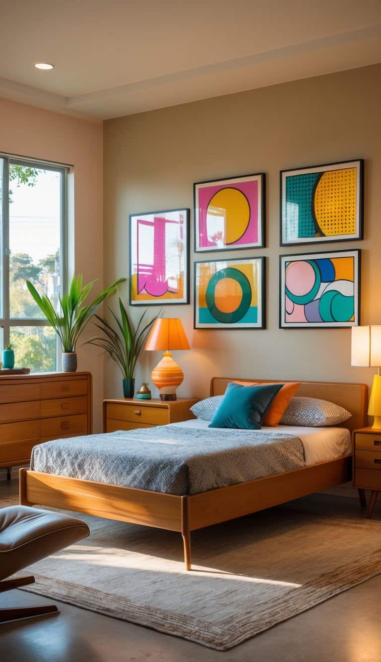 A mid-century modern bedroom with a wooden bed, colorful artwork on the walls, a dresser, a lounge chair, and natural light coming through large windows.