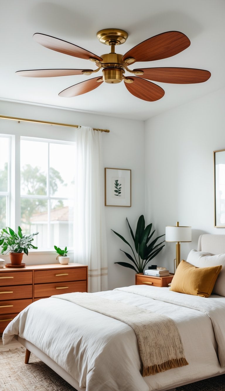 A bright bedroom with a made bed, wooden furniture, and a ceiling fan with wooden blades and brass accents hanging from the ceiling.