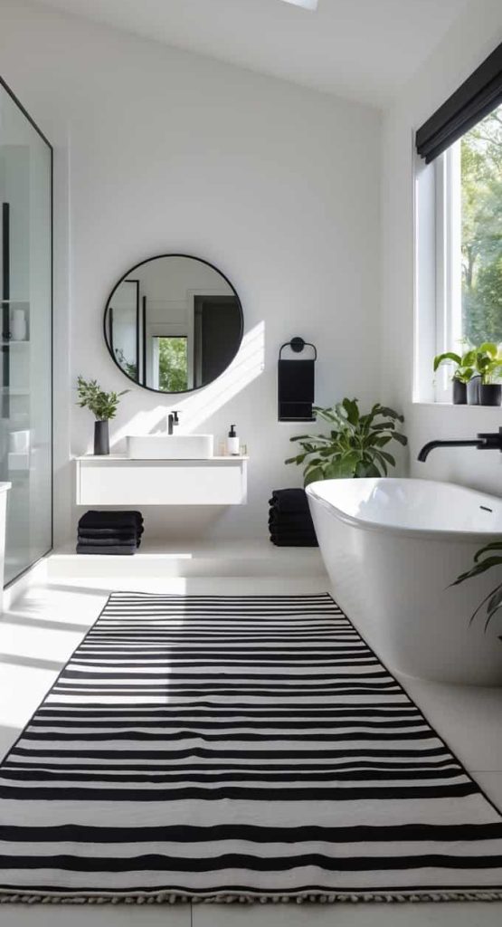 Modern bathroom with a black and white striped rug, freestanding tub, glass shower, round mirror, plants, and sunlight coming through a skylight.