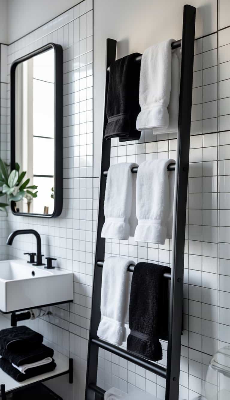 A black ladder towel rack with white and black towels in a black and white bathroom with a sink and mirror.