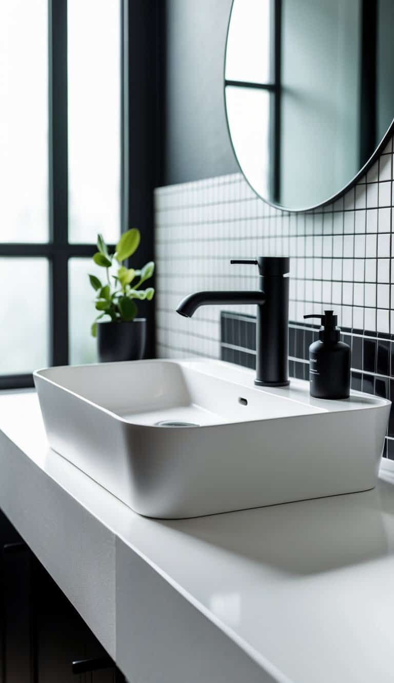 A white sink with a black faucet in a black and white bathroom setting.