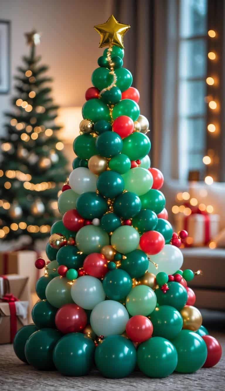 A Christmas tree made of green balloons decorated with red and gold balloon ornaments and fairy lights in a cozy indoor setting.