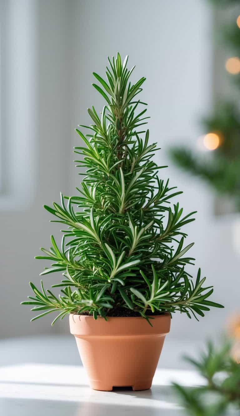 A mini potted rosemary shrub shaped like a small Christmas tree in a terracotta pot on a bright indoor surface.