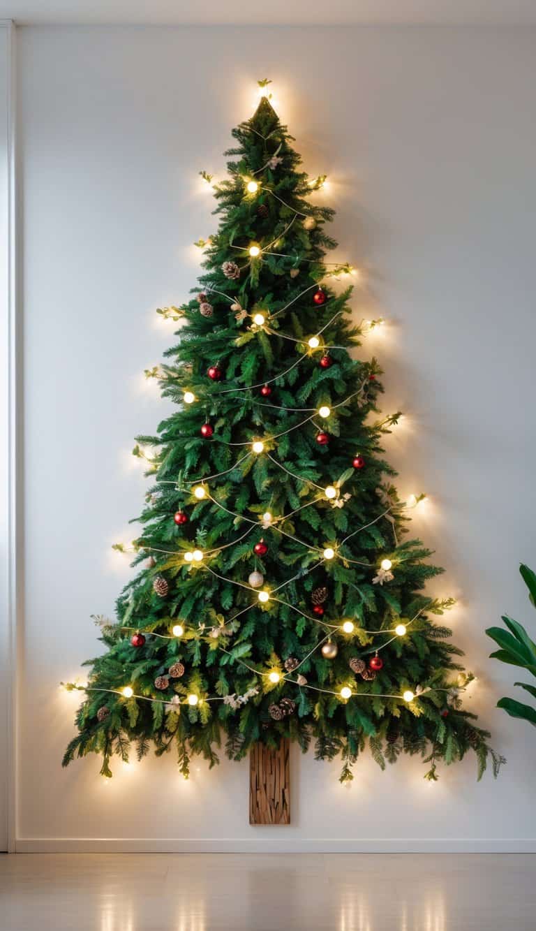 A Christmas tree made from green garland shaped on a white wall with twinkling white lights and small red and gold decorations.