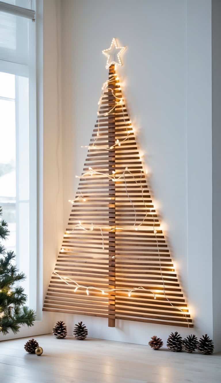 A wooden slat Christmas tree mounted on a white wall decorated with warm string lights and small festive ornaments at the base.