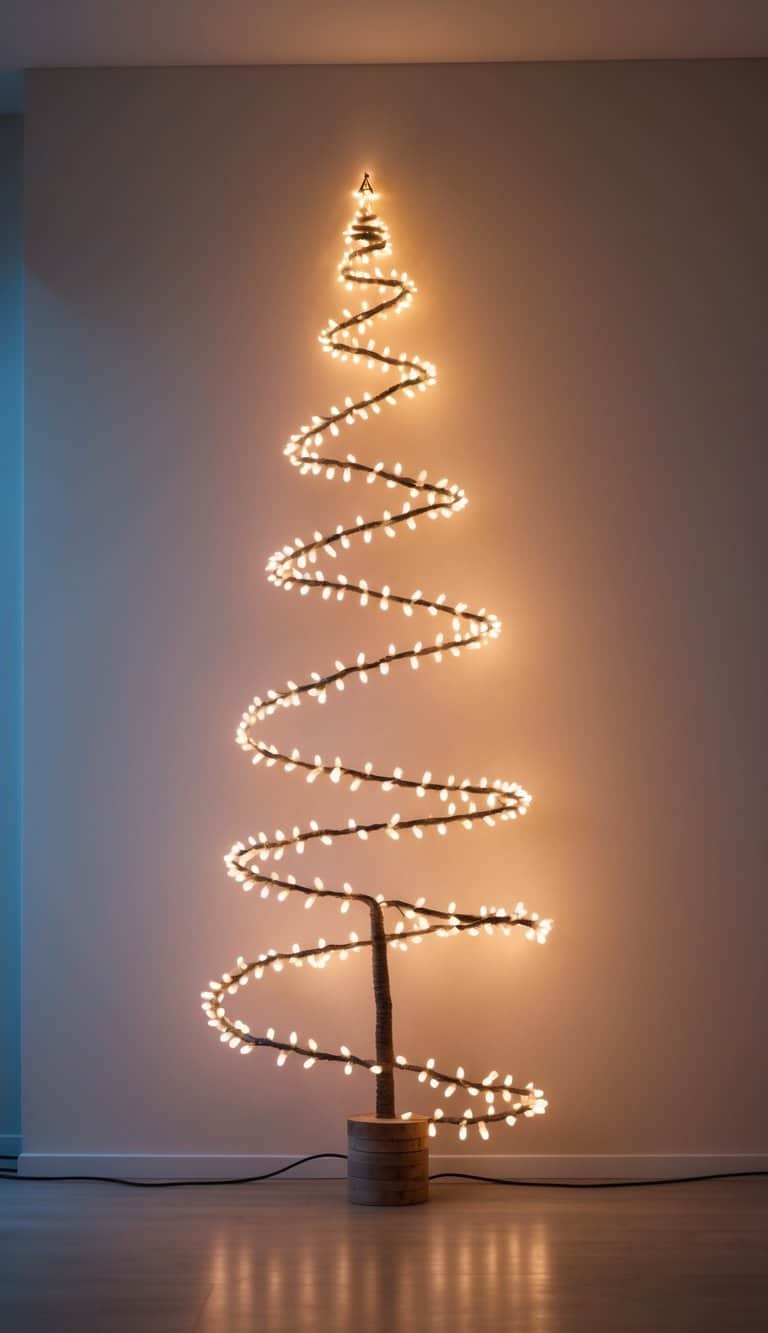A spiral-shaped Christmas tree made of glowing string lights arranged on a plain wall.