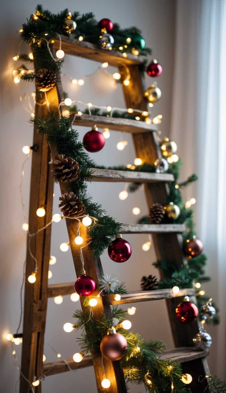 A wooden ladder decorated with string lights, Christmas ornaments, pine cones, and evergreen garlands indoors.
