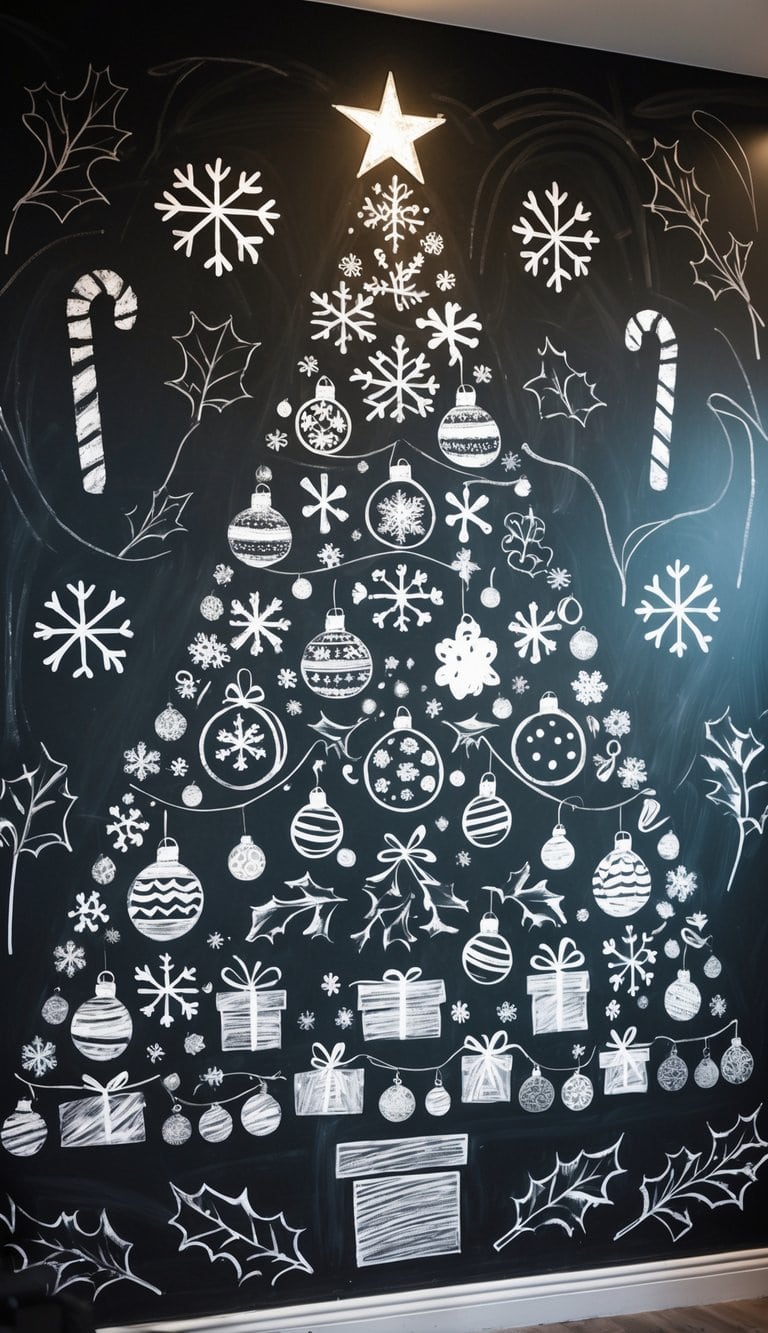 A chalkboard wall decorated with a Christmas tree made of holiday-themed chalk drawings and festive illustrations.