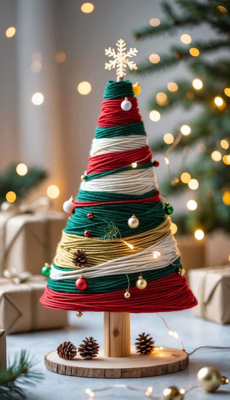 A wooden tree-shaped frame wrapped with colorful yarn and decorated with small ornaments and fairy lights, set against a softly lit festive background.