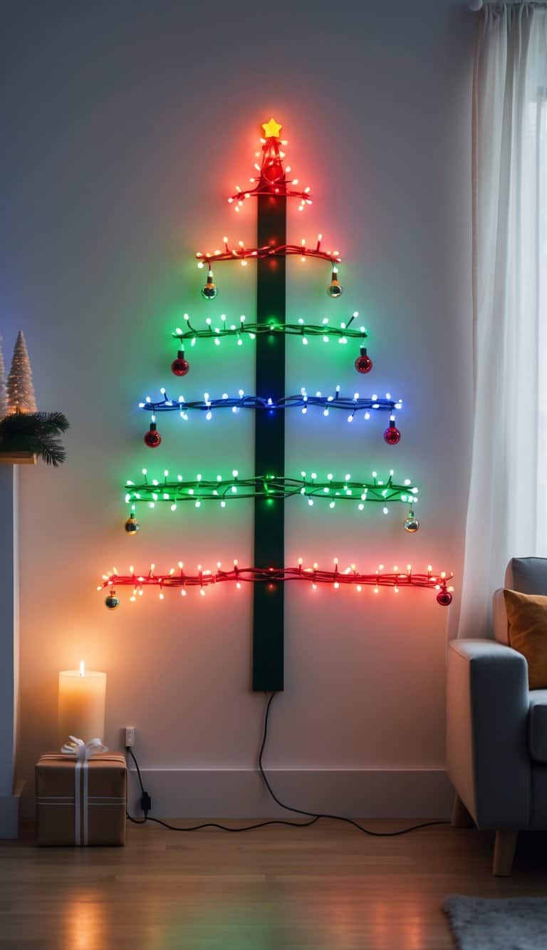 A Christmas tree shape made from colorful LED light strips on a plain wall in a cozy room with festive decorations nearby.