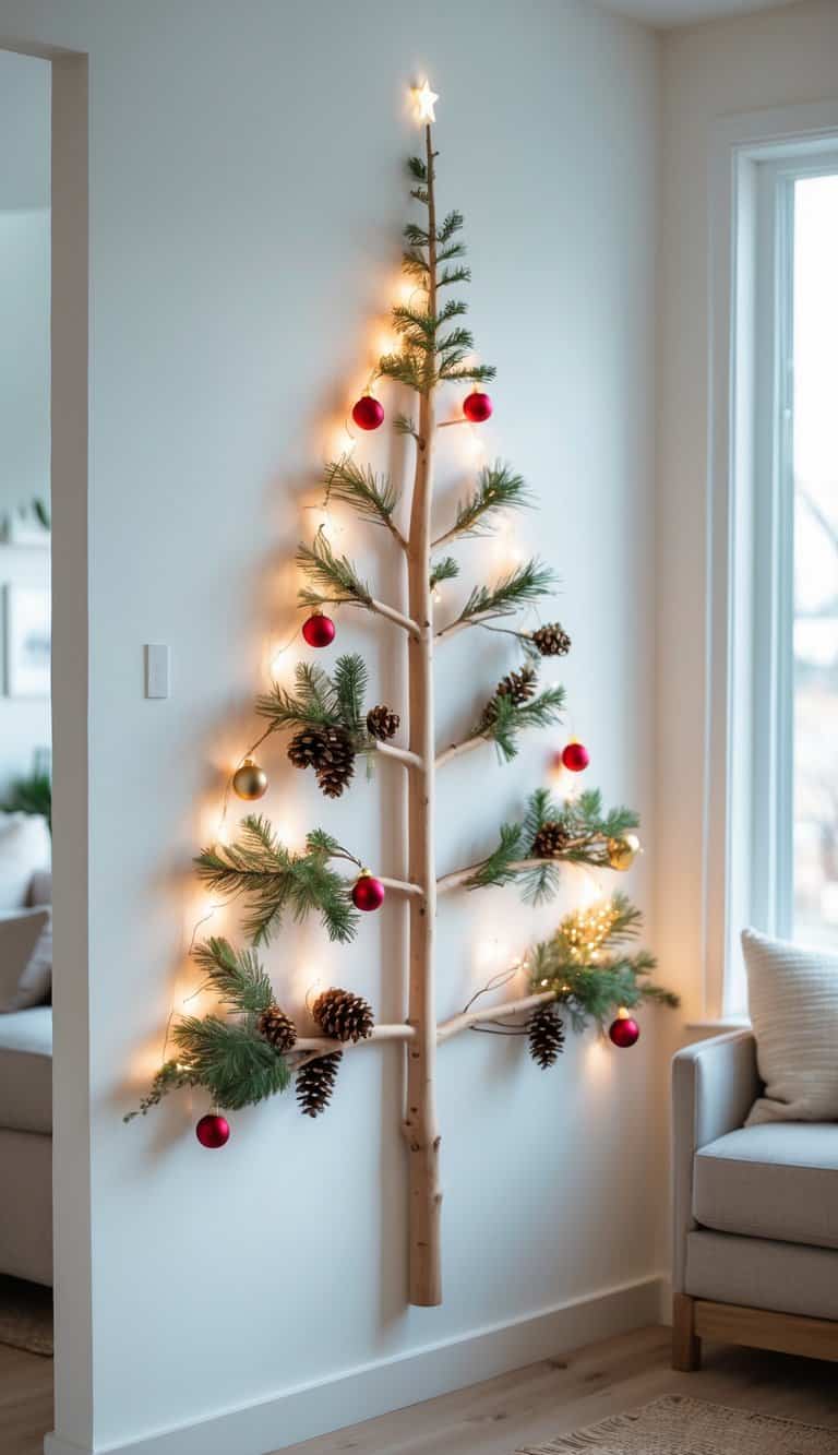 A wall-mounted Christmas tree made from wooden branches decorated with lights, baubles, and pine cones on a white wall in a cozy living room.