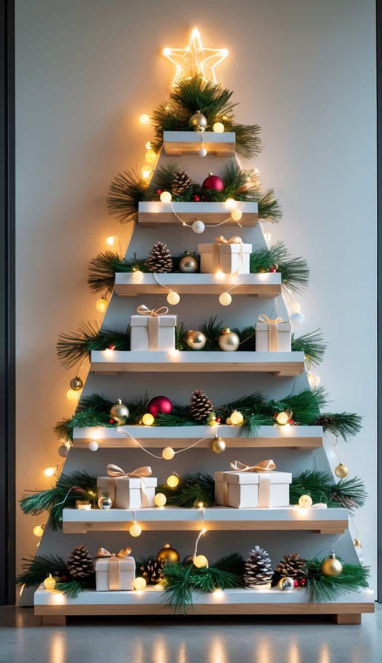 A Christmas tree made from stacked shelves decorated with ornaments, lights, and greenery against a plain wall.