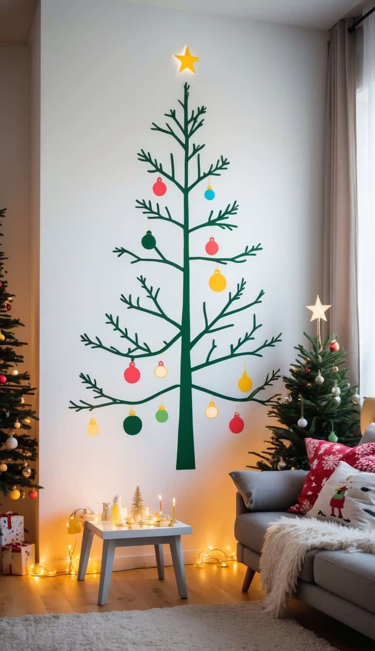 A living room with a wall decal Christmas tree decorated with ornaments and cozy holiday decorations.