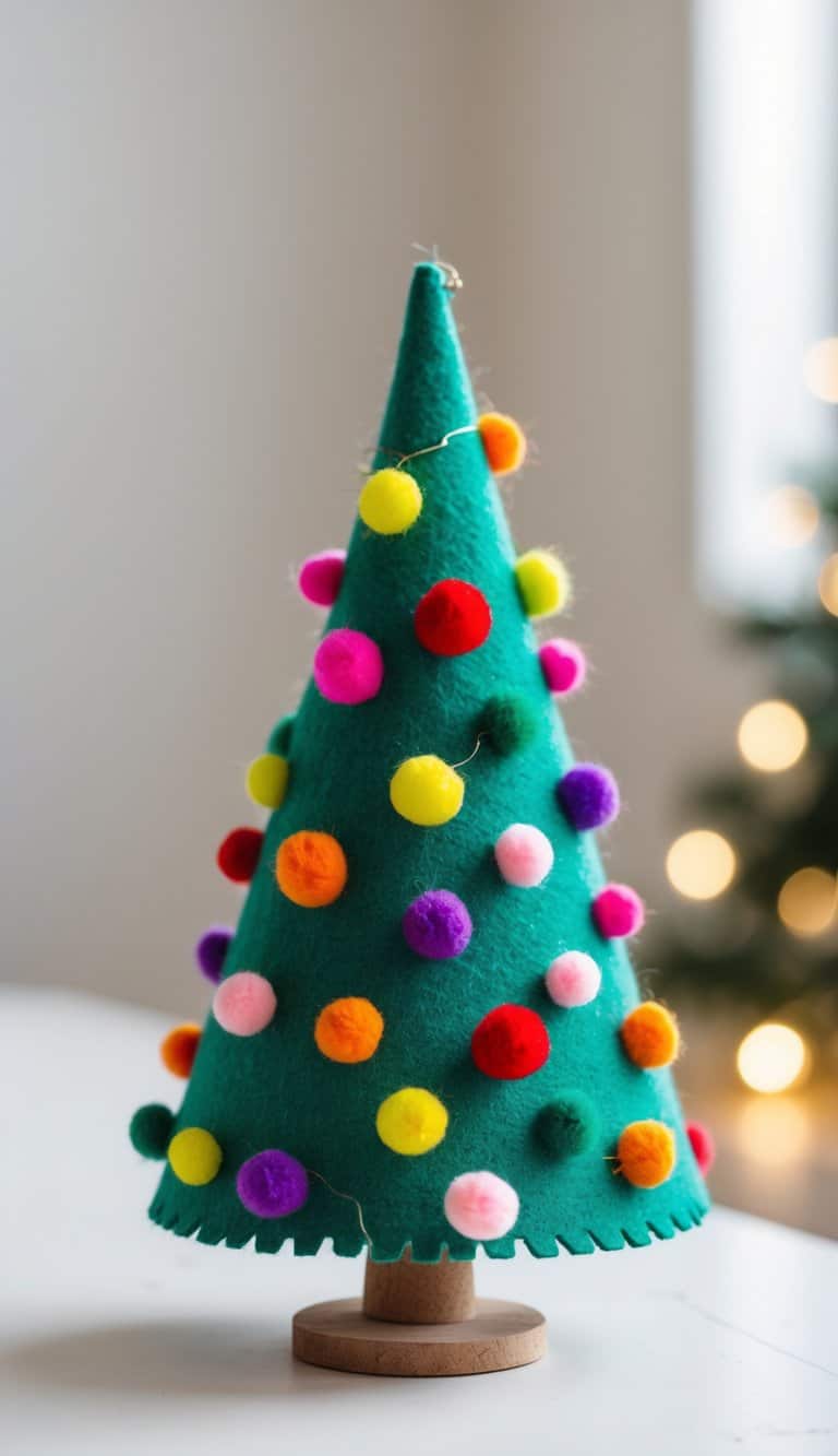 A small felt cone-shaped Christmas tree decorated with colorful pom-poms on a white surface.