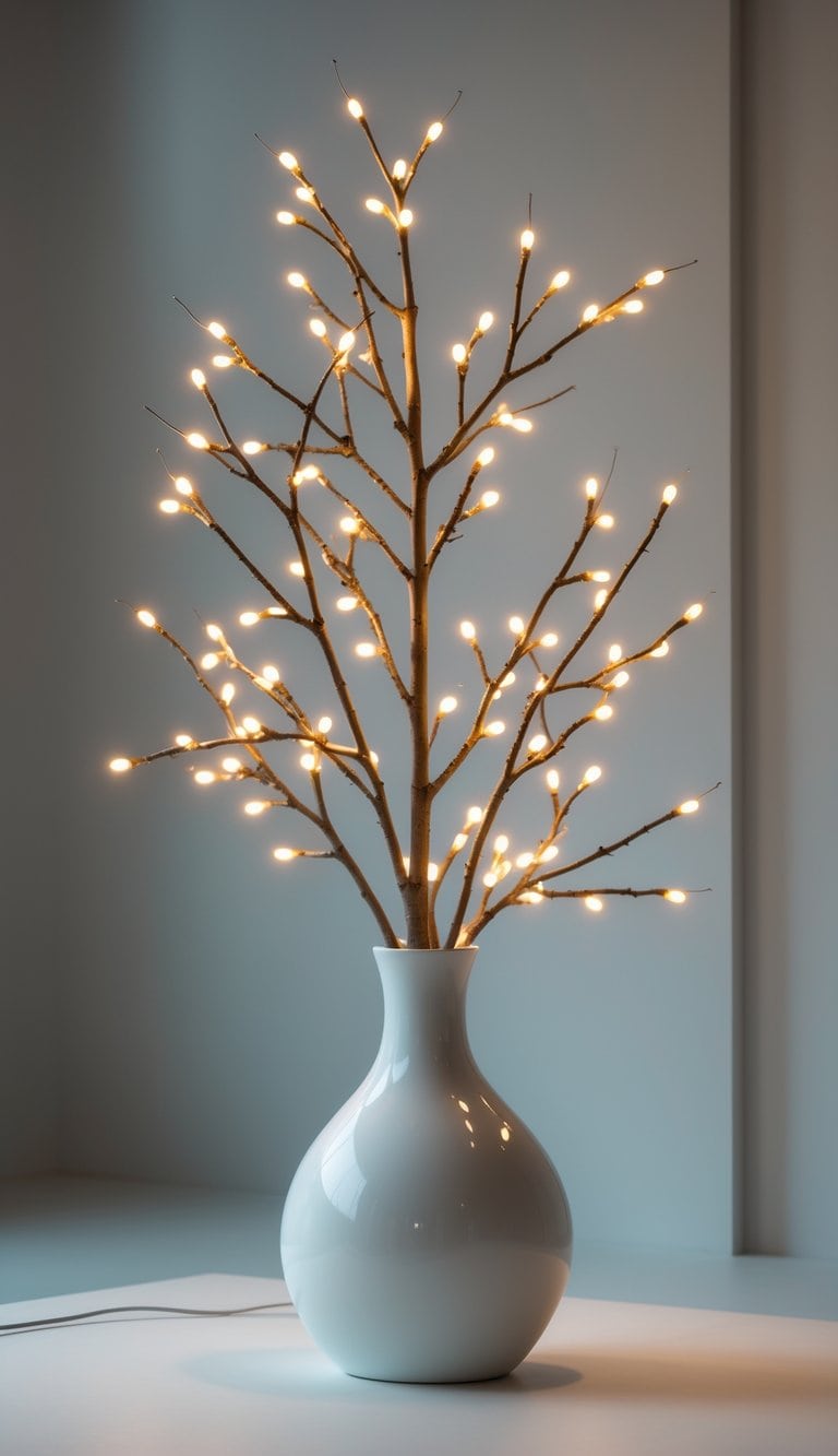 A vase holding branches decorated with small warm white lights, creating a festive holiday decoration.