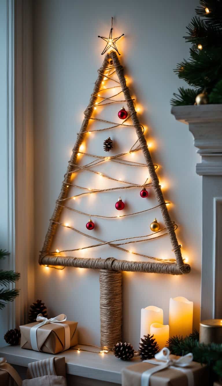 A Christmas tree shape made of twine wrapped on a wall, decorated with small ornaments and fairy lights, with wrapped gifts and candles nearby.