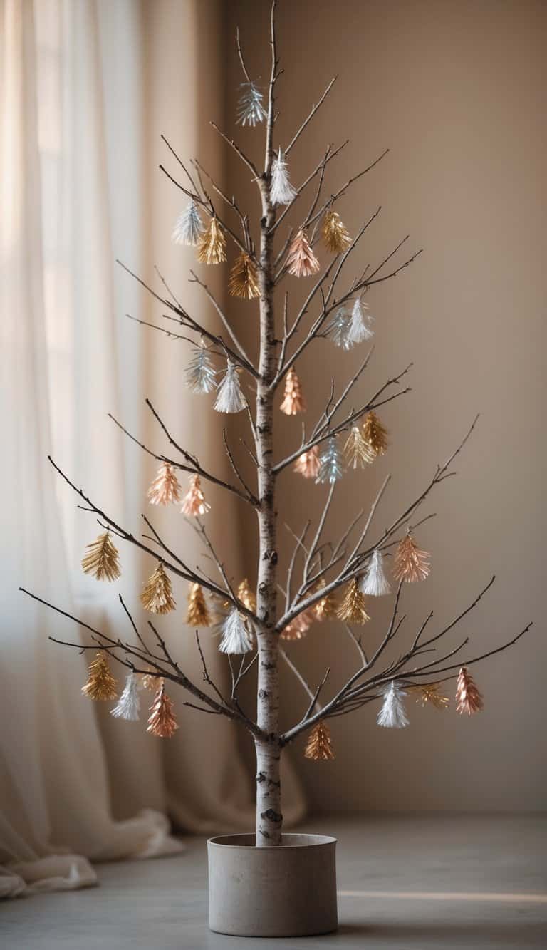 Bare tree branches decorated with vintage metallic tinsels arranged as an alternative Christmas tree.