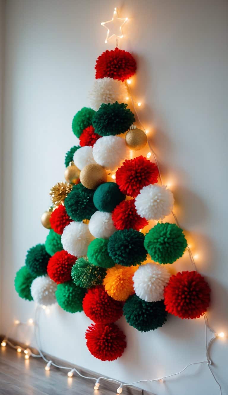 A Christmas tree shape made of colorful pom-poms with warm white string lights on a white wall.