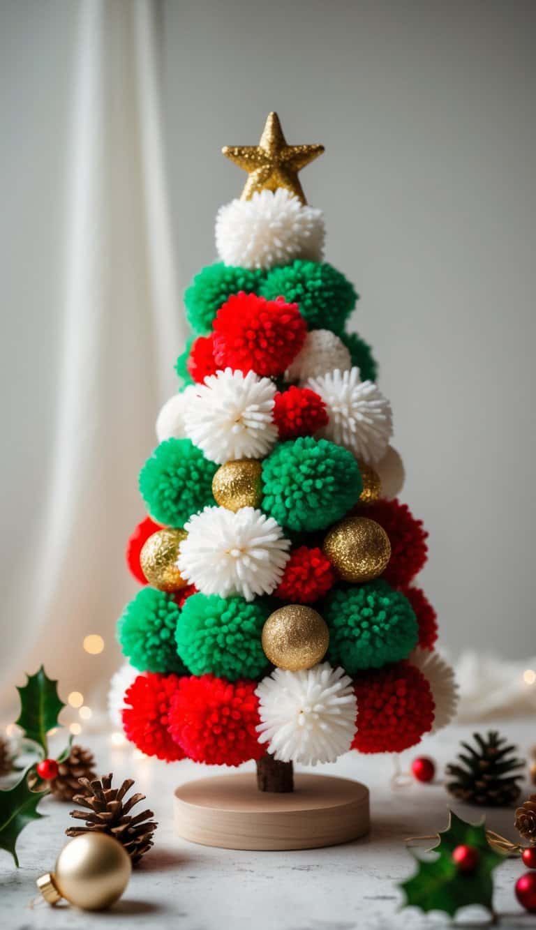 A small Christmas tree made from colorful pom-poms standing on a wooden base with holiday decorations around it.