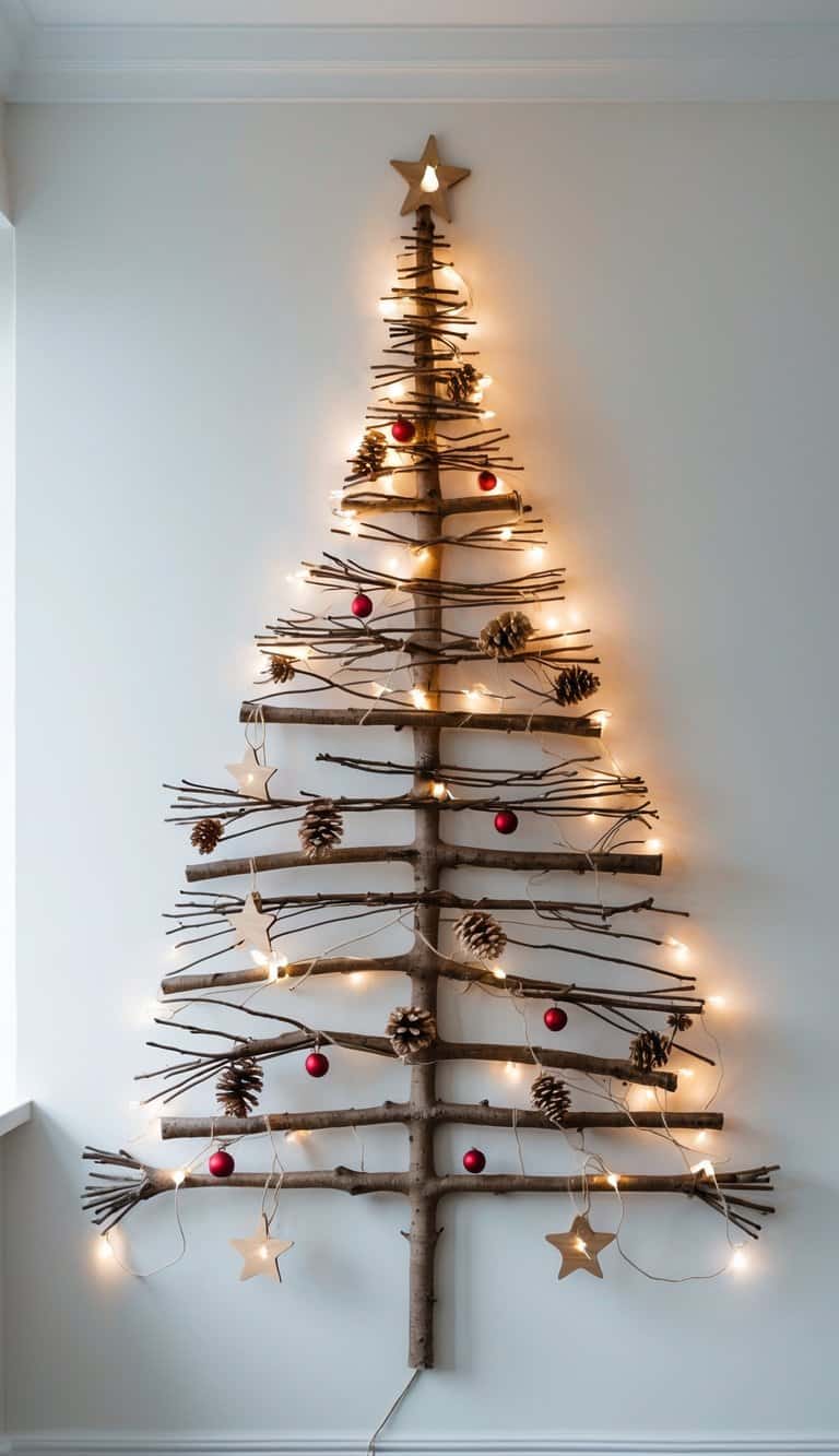 A Christmas tree made of twigs decorated with small lights and ornaments mounted on a white wall.