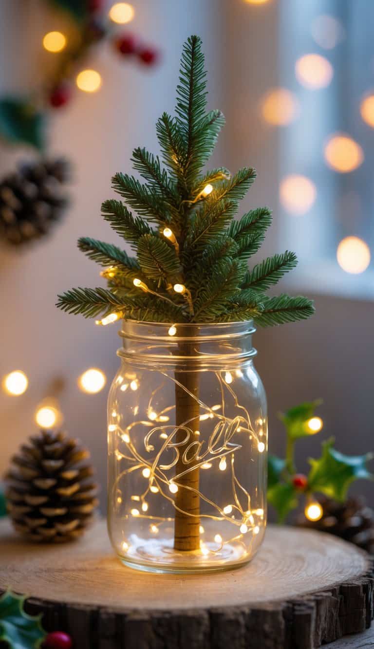 A mason jar filled with glowing fairy lights arranged like a small Christmas tree on a wooden surface with holiday decorations in the background.