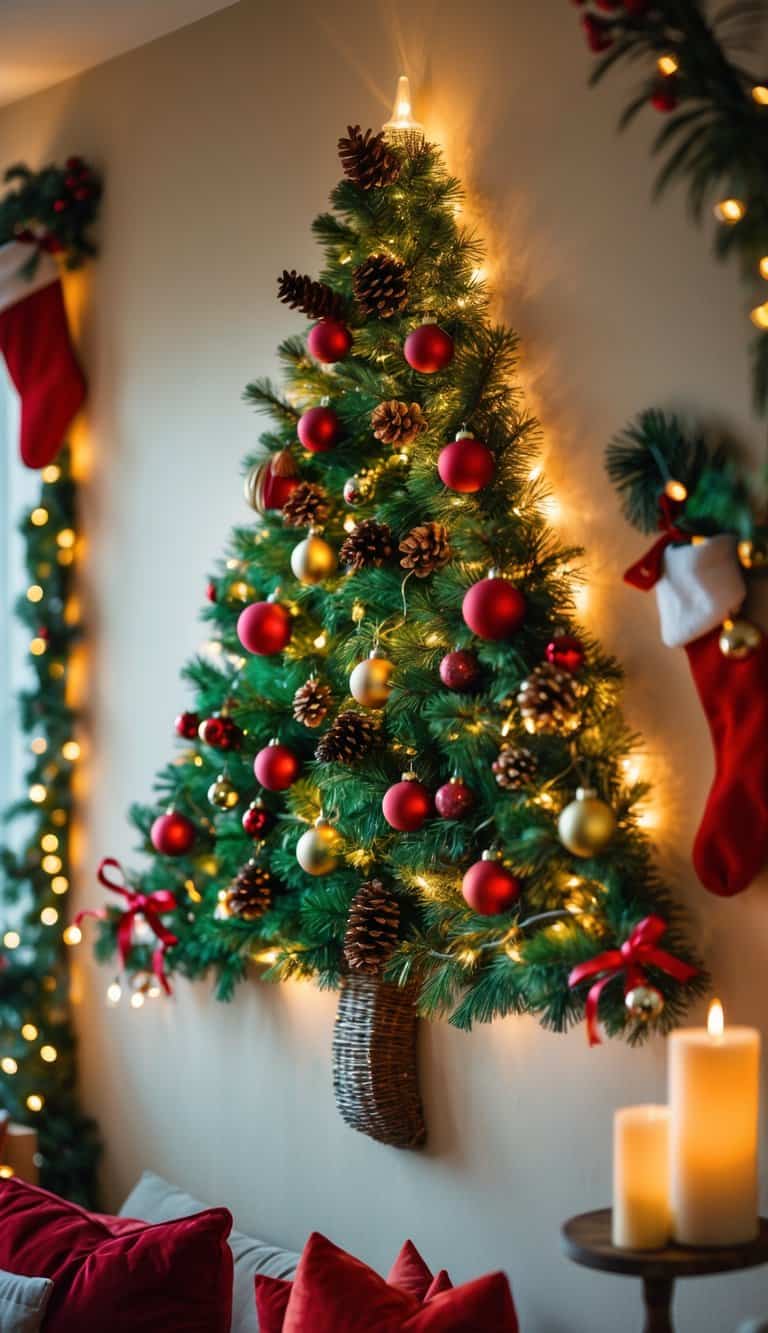 A Christmas wall tree made of pine branches and ornaments arranged on a living room wall with warm holiday decorations around.