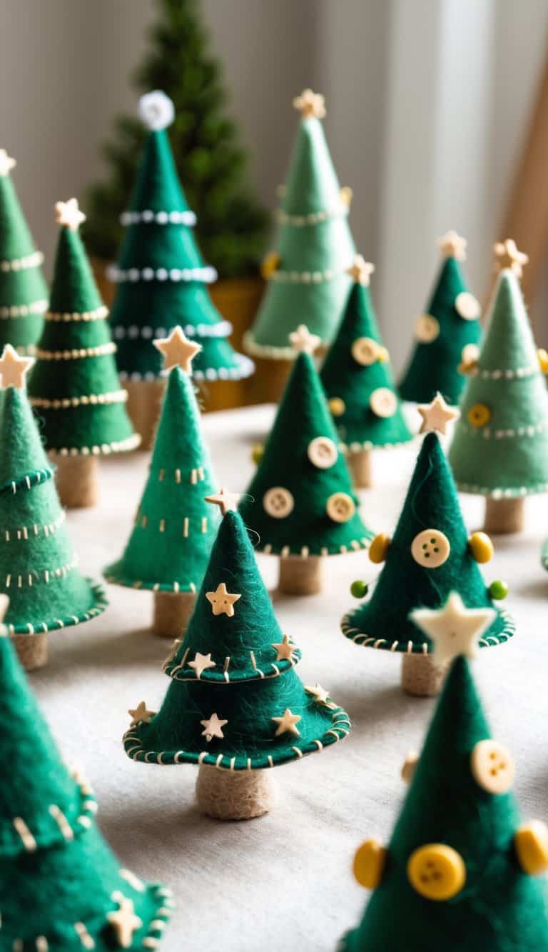 A group of small felt Christmas trees with stitched edges arranged on a surface.